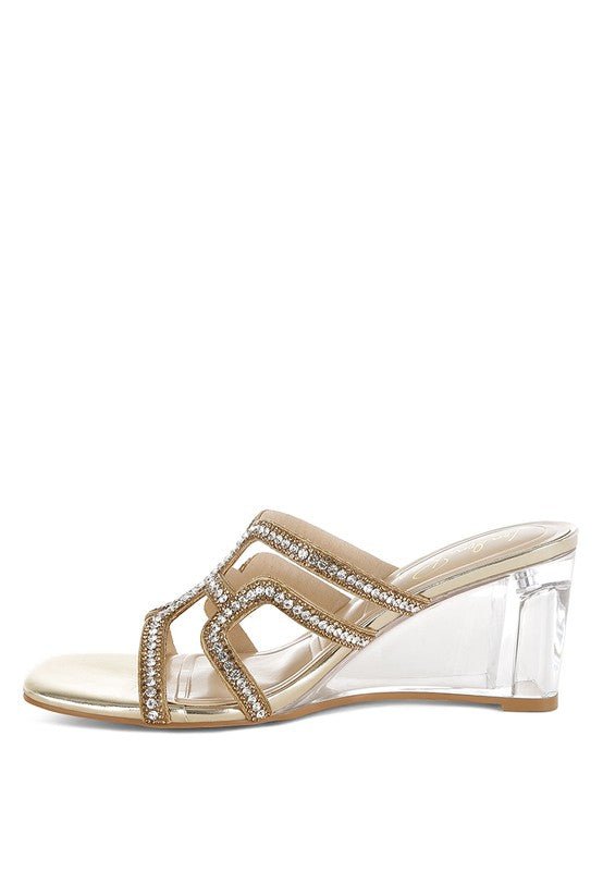 Caqueta Metallic Rhinestone Clear Wedge Sandals - Sleekdenim.com