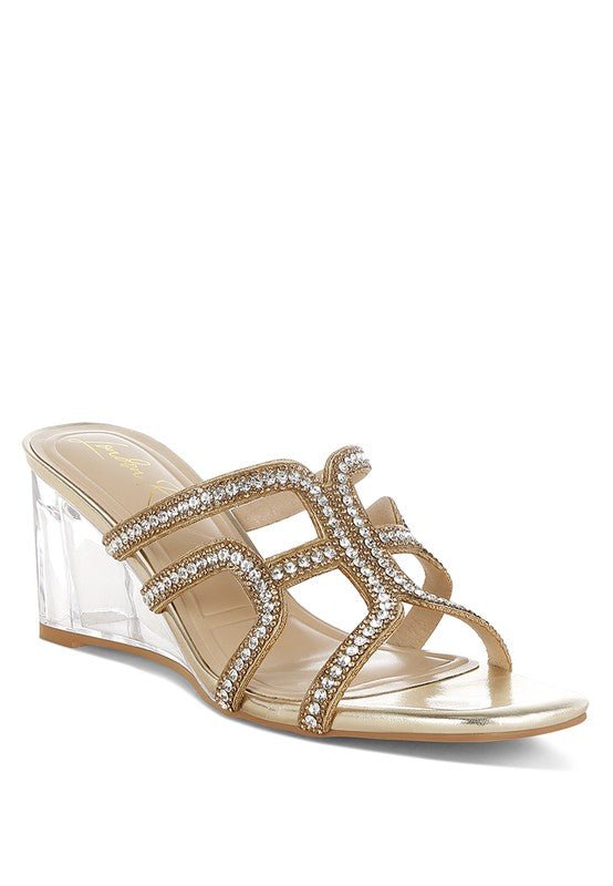 Caqueta Metallic Rhinestone Clear Wedge Sandals - Sleekdenim.com