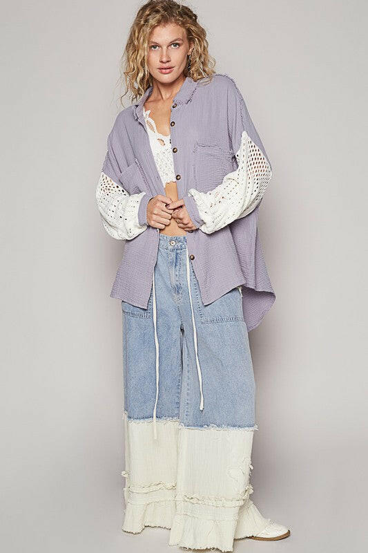 POL Openwork Lantern Sleeve Button Down Gauze Shirt | Sleekdenim.com