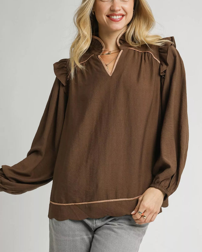 Umgee Ruffle Shoulder Long Sleeve Blouse - Sleekdenim.com