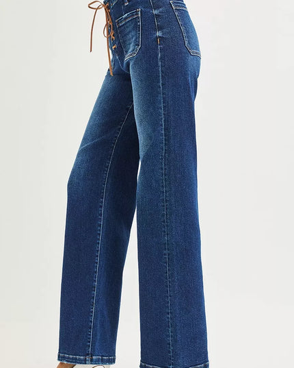 RISEN Full Size High Rise Wide Leg Jeans with Front Tie Detail Plus Size - Sleekdenim.com