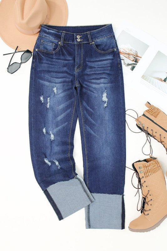 Denim High Waist Distressed Straight Leg Jeans - Sleekdenim.com