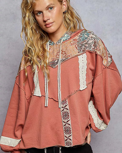 POL Drawstring French Terry Hoodie with Gauze Print Patch - Sleekdenim.com