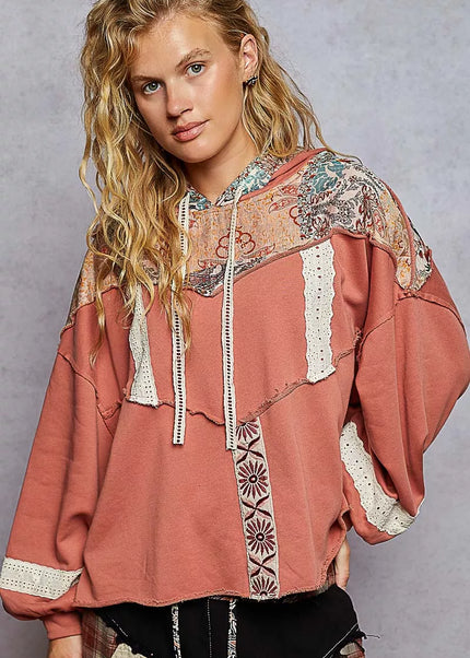 POL Drawstring French Terry Hoodie with Gauze Print Patch - Sleekdenim.com