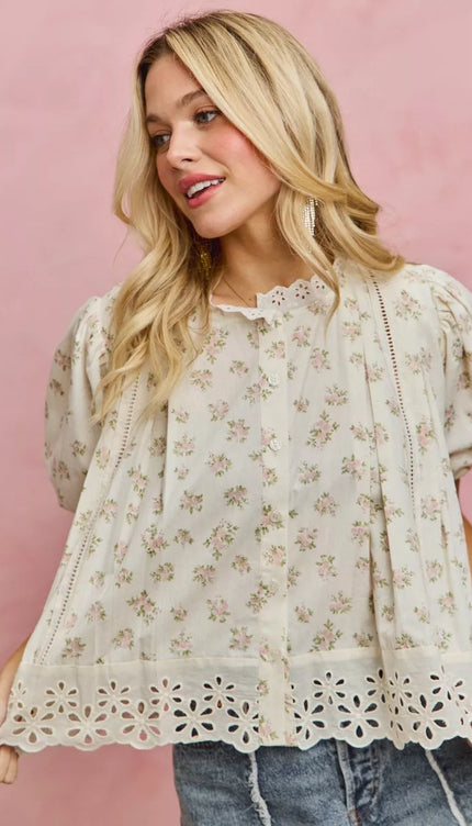 SO ME Floral Print Lace Trim Short Sleeves Blouse - Sleekdenim.com