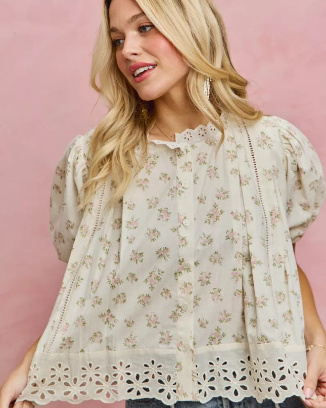 SO ME Floral Print Lace Trim Short Sleeves Blouse - Sleekdenim.com