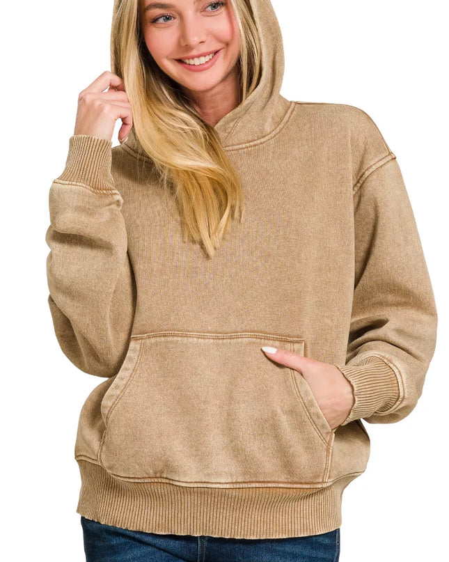 Zenana Fleece Acid Wash Kangaroo Pocket Hoodie - Sleekdenim.com