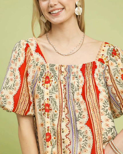 Umgee Patchwork Puff Sleeve Smocked Blouse - Sleekdenim.com