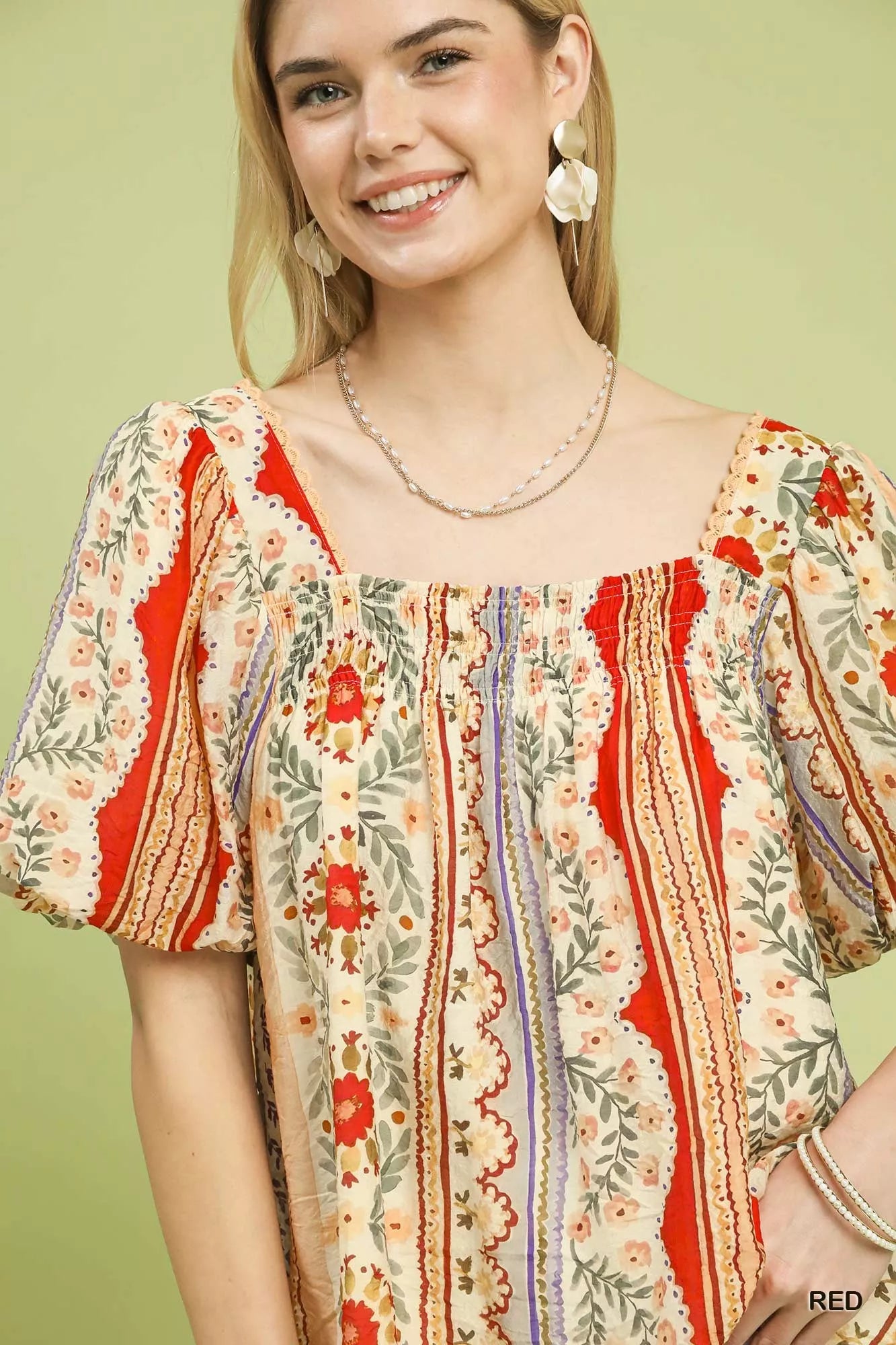 Umgee Patchwork Puff Sleeve Smocked Blouse - Sleekdenim.com