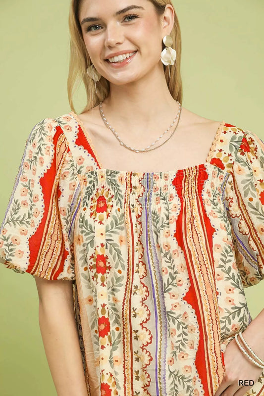 Umgee Patchwork Puff Sleeve Smocked Blouse - Sleekdenim.com
