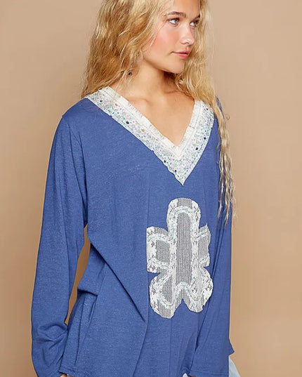 POL Lace Flower Patch Long Sleeve T-Shirt - Sleekdenim.com