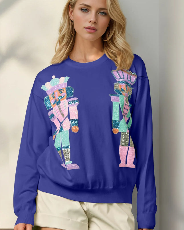 Double Take Full Size Sequin Nutcracker Long Sleeve Sweater - Sleekdenim.com