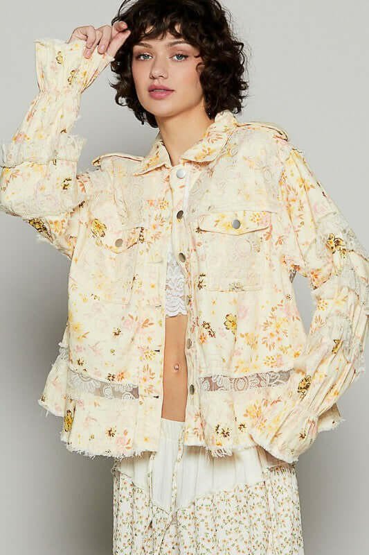 POL Raw Hem Lace Patch Flounce Sleeve Jacket | Sleekdenim.com