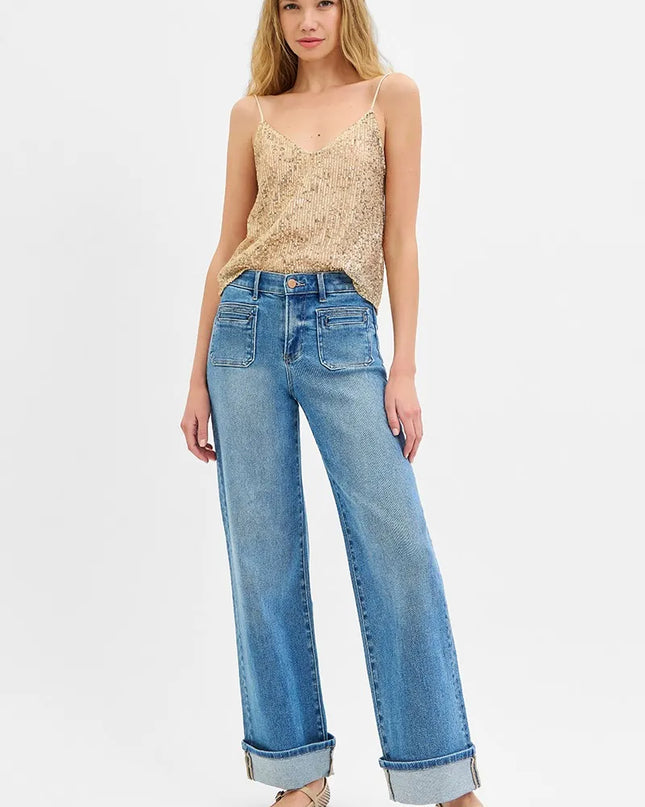 RISEN Full Size Elastic Band Mid Rise Wide Front Patch Pocket Cuff Jeans Plus Size - Sleekdenim.com