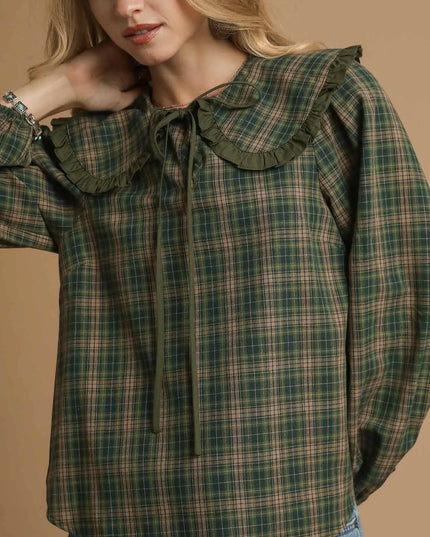 Umgee Full Size Plaid Ruffle Collar Blouse Plus Size - Sleekdenim.com