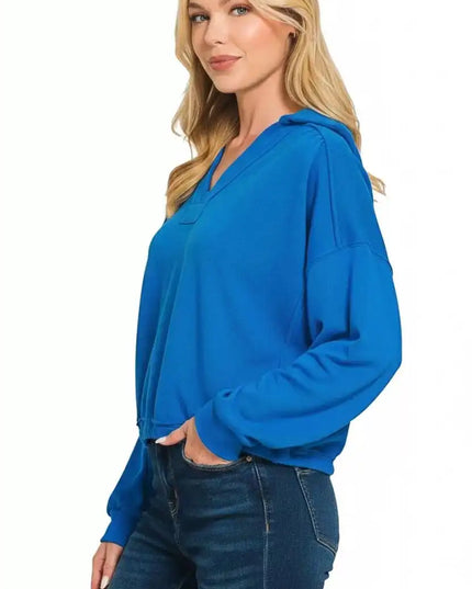 Zenana French Terry Collared Exposed Seam Sweatshirt - Sleekdenim.com