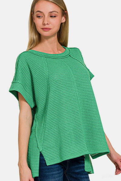 Zenana Waffle Exposed-Seam Short Sleeve T-Shirt K Green