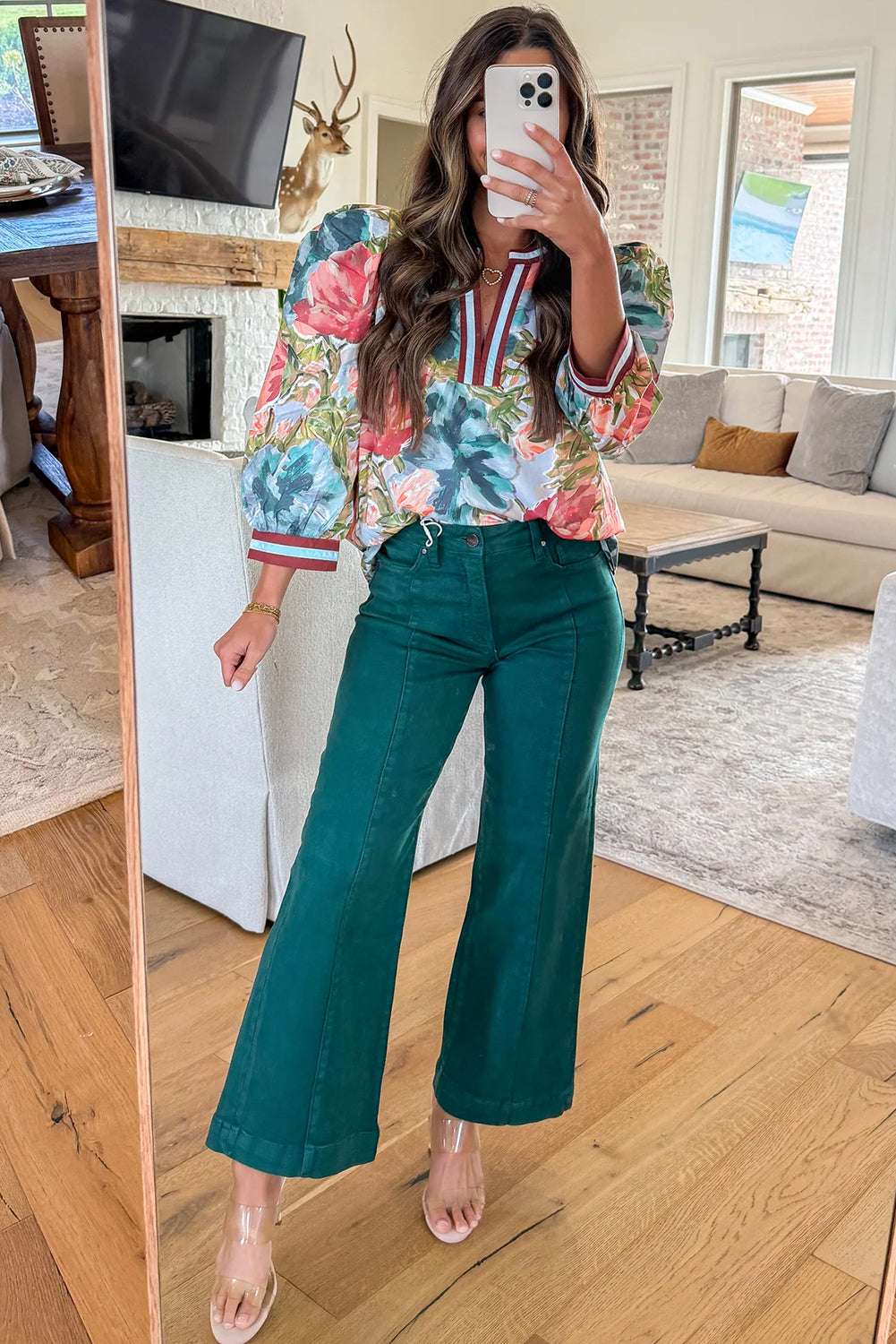 Sky Blue Contrast Trim V Neck Cuffed Bracelet Sleeve Floral Blouse - 3