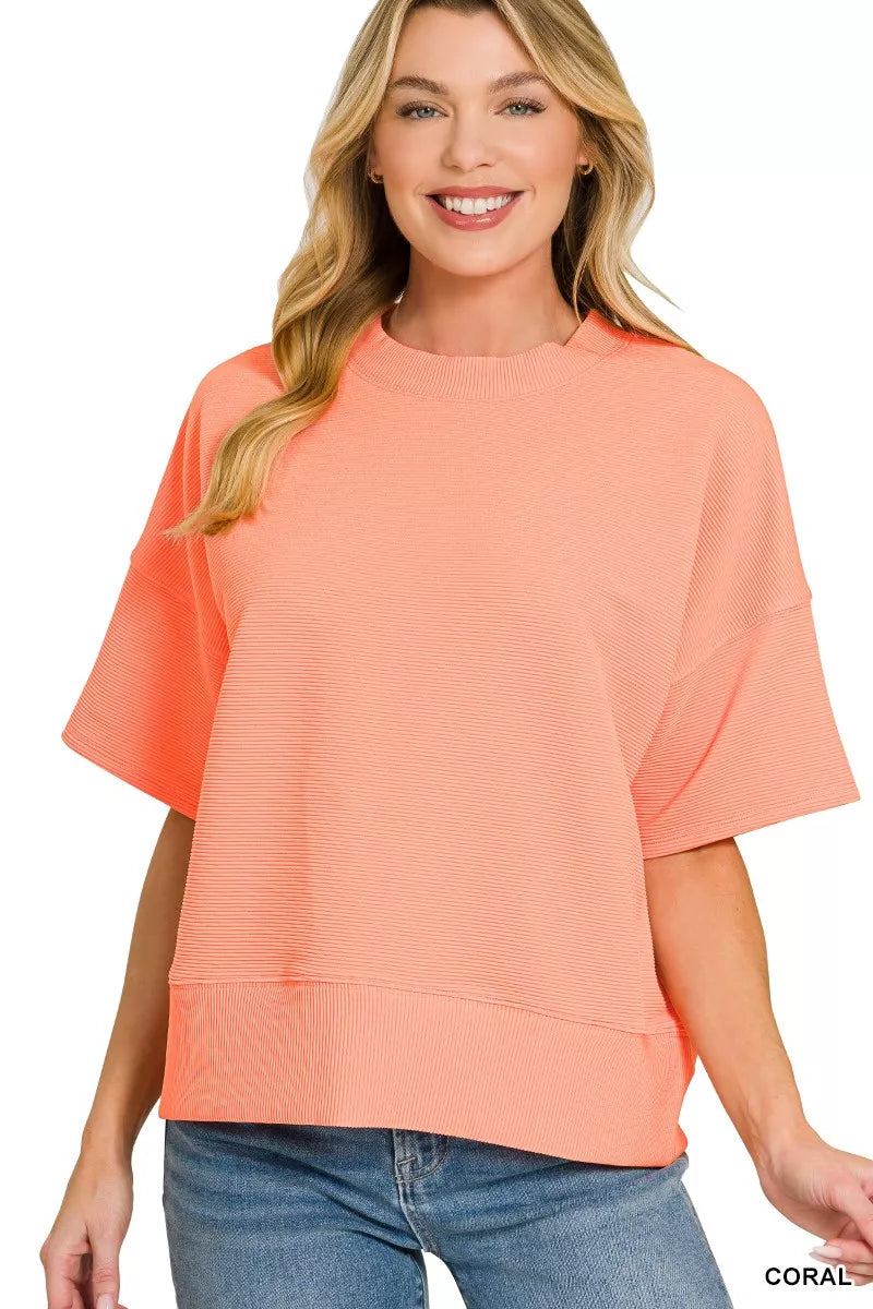 Zenana Ribbed Round Neck Waist Banded T-Shirt - Image 1