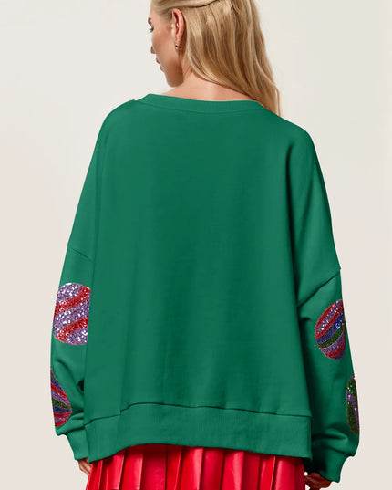 Double Take Christmas Element Sequin Round Neck Long Sleeve Sweatshirt - Sleekdenim.com