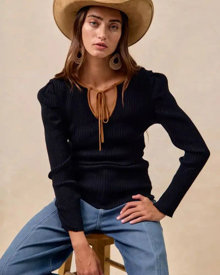 BiBi Ribbed Contrast Front Tied Top with Shrried - Sleekdenim.com