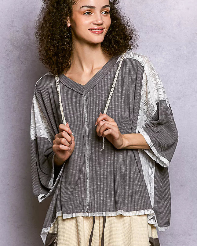 POL Short Sleeve Hoodie Top with Lace Detail - Sleekdenim.com