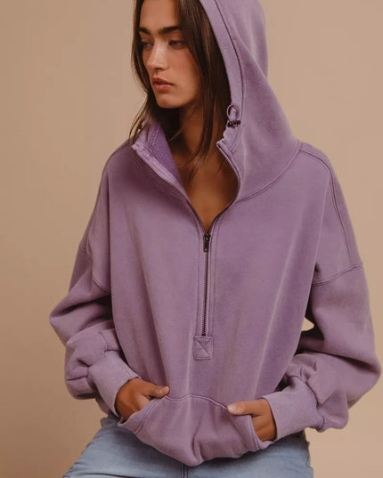 BiBi Stitch Detailed Elastic Hem Half Zip Fleece Hoodie - Sleekdenim.com