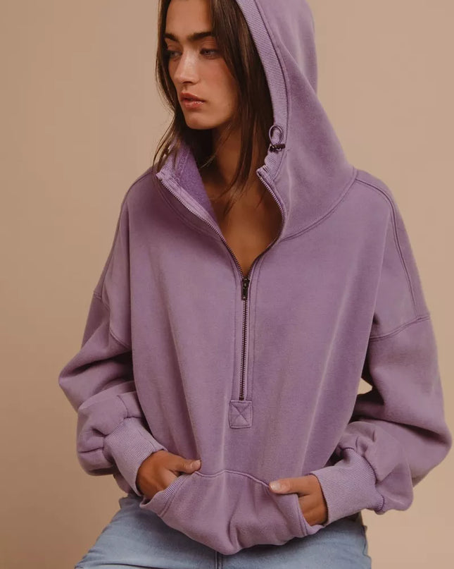 BiBi Stitch Detailed Elastic Hem Half Zip Fleece Hoodie - Sleekdenim.com