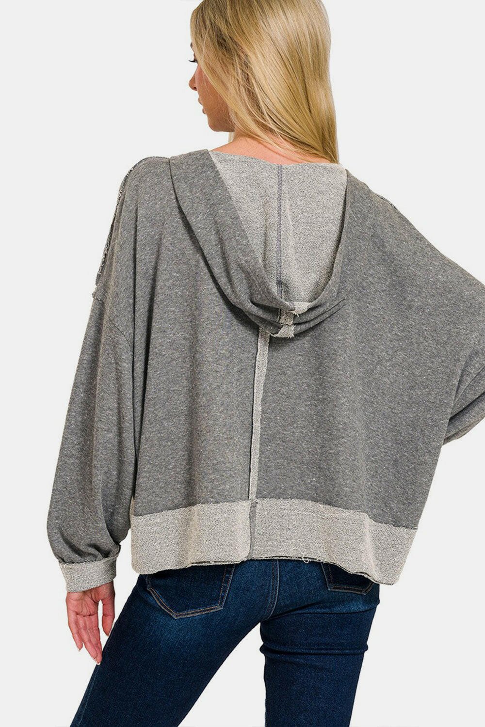 Zenana Contrast Trim Slit Hoodie | Sleekdenim.com