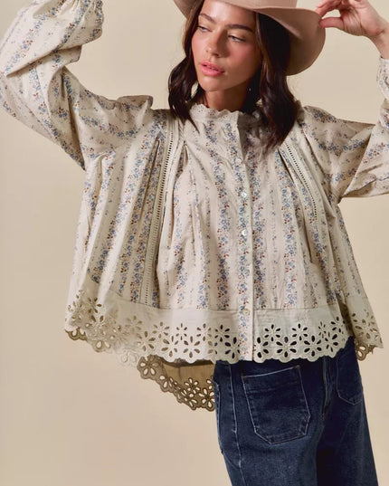 SO ME Floral Print Lace Button Down Shirt - Sleekdenim.com