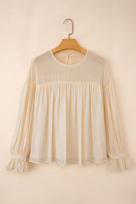 Solid Chiffon Pleated Ruffle Long Sleeve Blouse - Sleekdenim.com