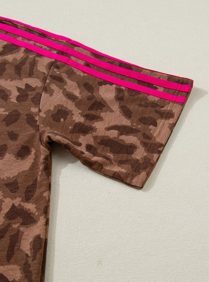 Brown Contrast Striped Accent Leopard Short Set - 7