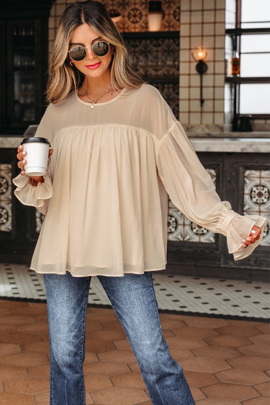 Solid Chiffon Pleated Ruffle Long Sleeve Blouse - Sleekdenim.com