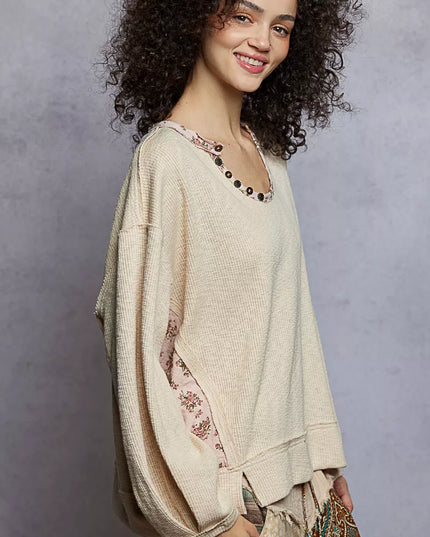 POL Balloon Sleeve Oversized Ribbed Top with Floral Pattern Contrast - Sleekdenim.com