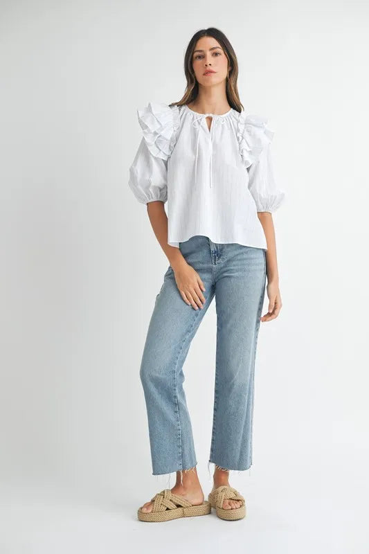 MABLE Stripe Ruffle Shoulder Puff Sleeve Blouse - Sleekdenim.com