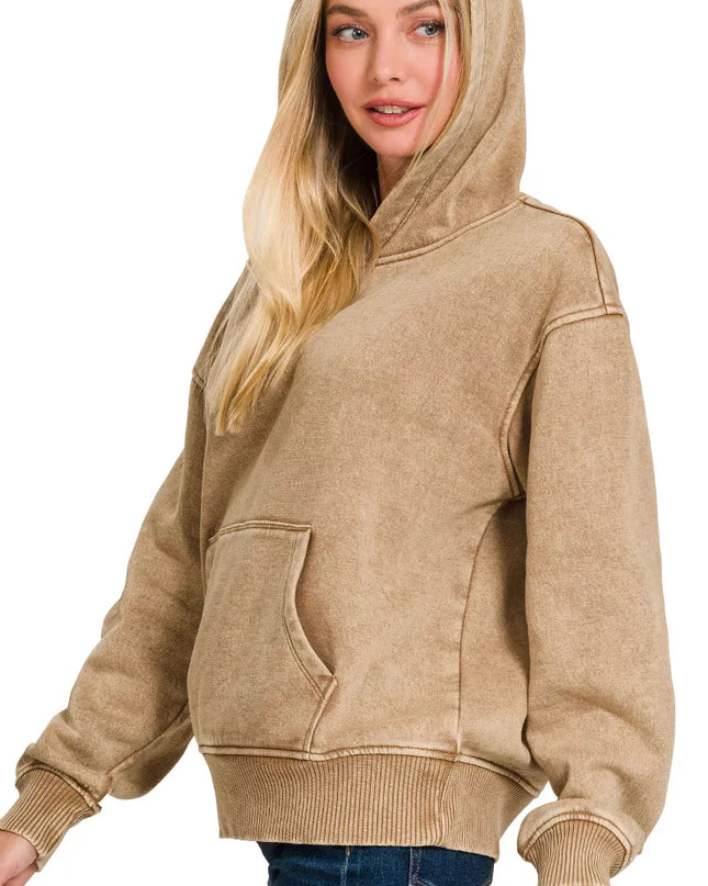 Zenana Fleece Acid Wash Kangaroo Pocket Hoodie - Sleekdenim.com