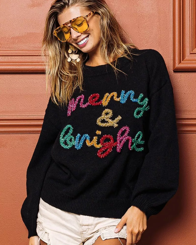 BiBi Tinsel Lettering Christmas Sweater - Sleekdenim.com