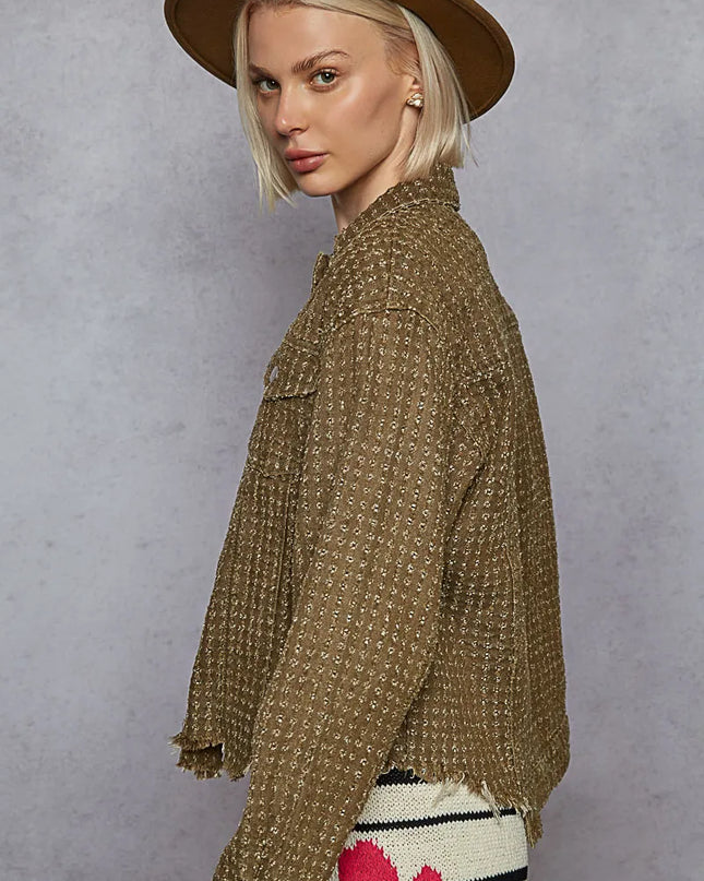 POL Raw Hem Button Up Jacket with Chest Pockets - Sleekdenim.com