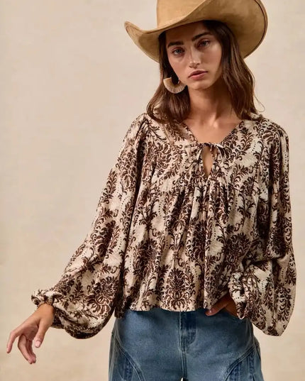 BiBi Printed Woven Front Tied Blouse with Baloon Sleeve - Sleekdenim.com