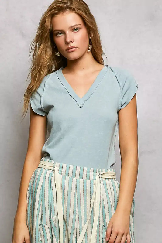 POL V-Neck Short Sleeve Washed T-Shirt with Outseam - Sleekdenim.com
