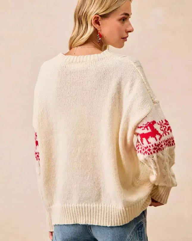 BiBi Christmas Theme Patterned Cable Knit Sweater - Sleekdenim.com