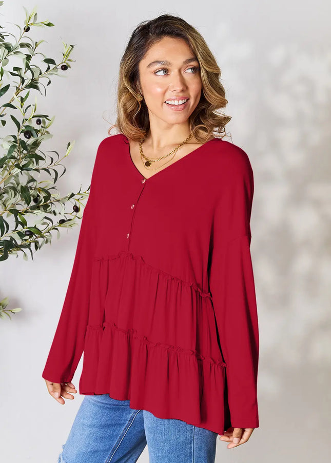 Double Take Half Button Long Sleeve Ruffle Hem Blouse - Sleekdenim.com