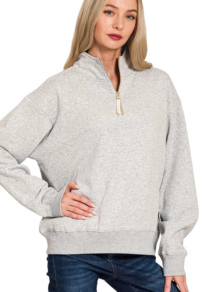 Zenana Fleece Half Zip Sweatshirt - Sleekdenim.com
