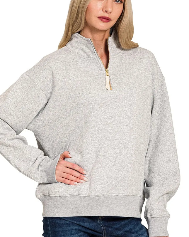 Zenana Fleece Half Zip Sweatshirt - Sleekdenim.com