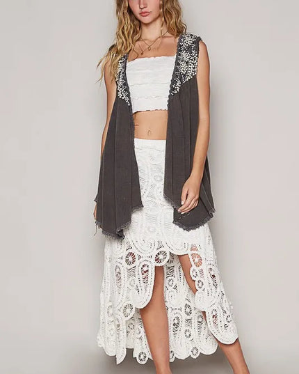 POL Embroidered Pearls Open Front Sleeveless Cardigan - Sleekdenim.com