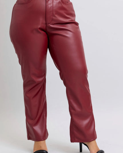 Judy Blue Full Size High Waist Tummy Control Faux Leather Straight Pants Plus Size - Sleekdenim.com