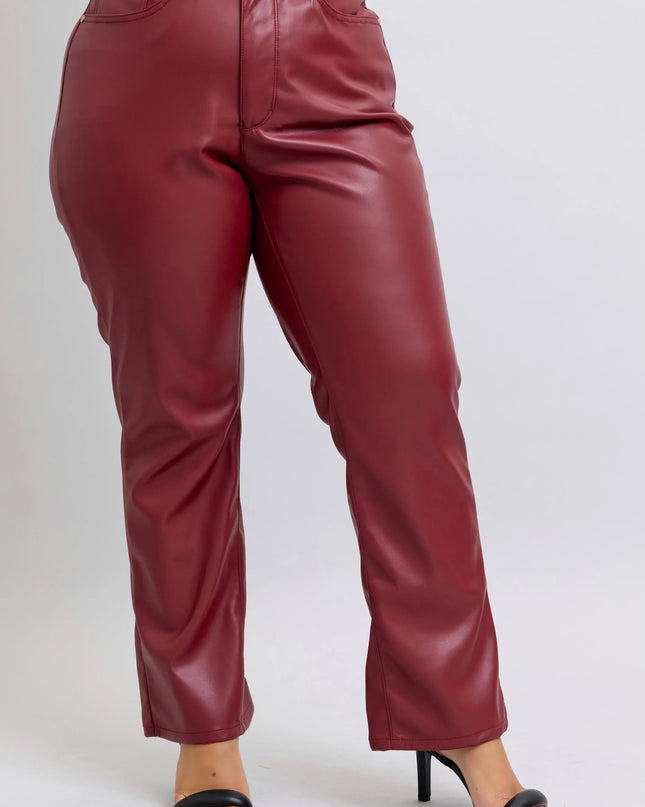 Judy Blue Full Size High Waist Tummy Control Faux Leather Straight Pants Plus Size - Sleekdenim.com