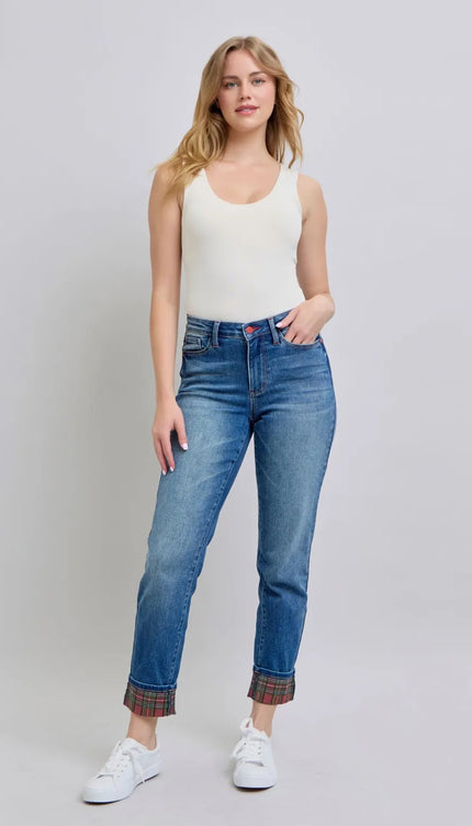 Judy Blue Full Size Plaid Print Cuff Straight Leg Jeans with Pockets - Sleekdenim.com