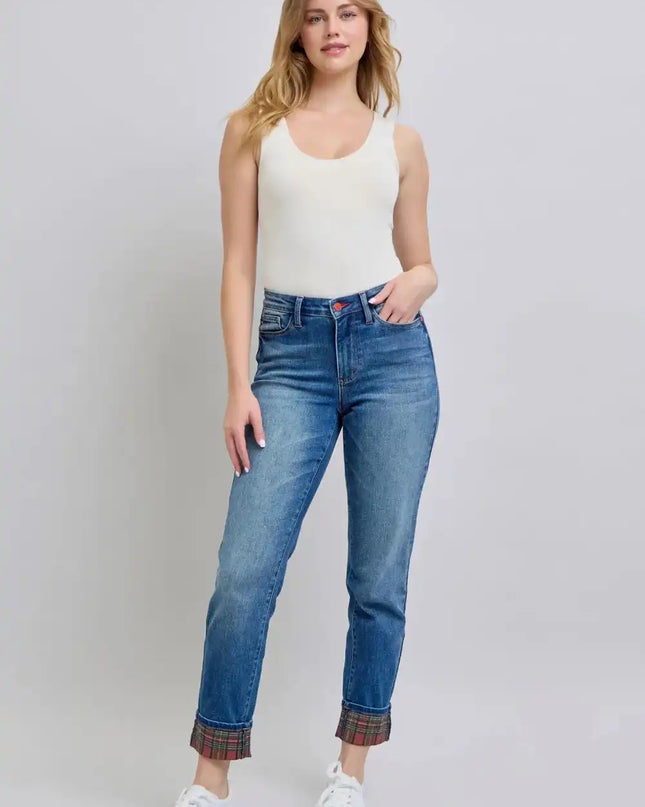 Judy Blue Full Size Plaid Print Cuff Straight Leg Jeans with Pockets - Sleekdenim.com