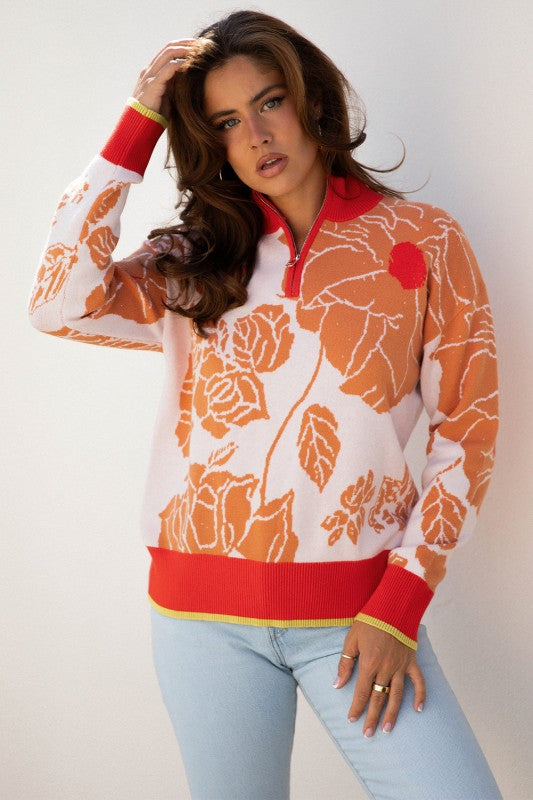 Floral Half Zip Collared Pullover Sweater - Sleekdenim.com